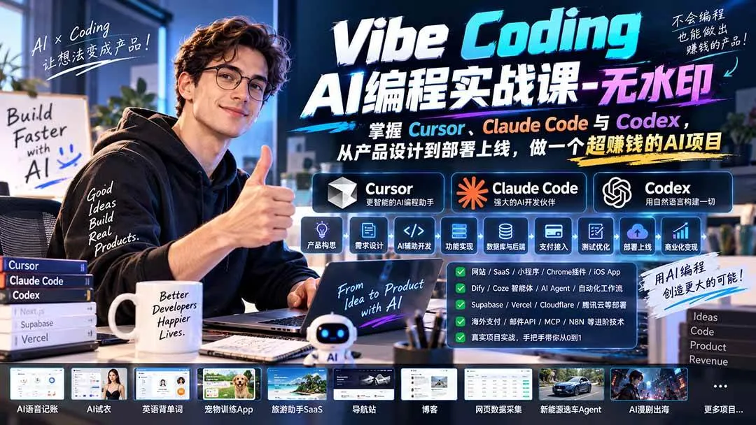 （20431期）Vibe Coding AI编程实战课-无水印：掌握Cursor、Claude Code与Codex，从产品设计到部署上线，做一个超赚钱的AI项目