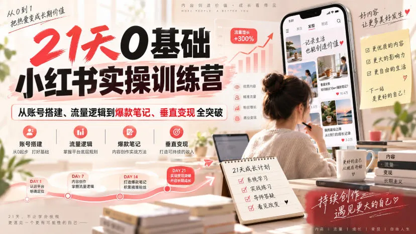 21天0基础小红书实操训练营|从账号搭建、流量逻辑到爆款笔记、垂直变现全突破-Ai资源库