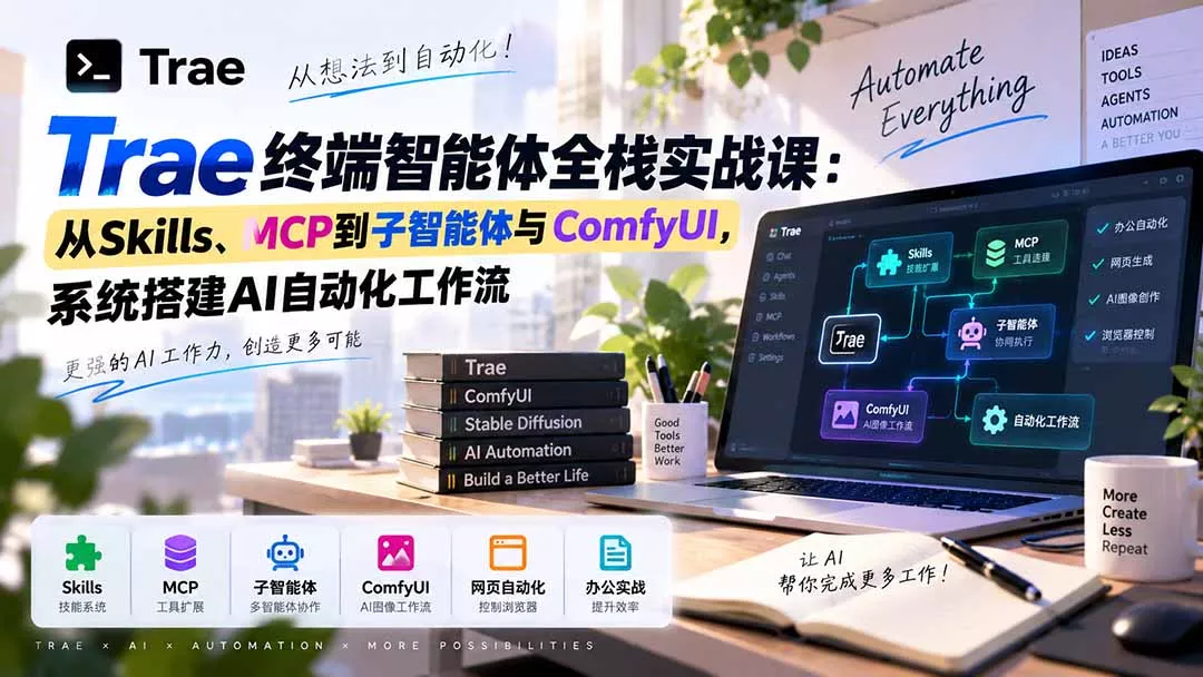 Trae终端智能体全栈实战课:从Skills、MCP到子智能体与ComfyUI,系统搭建AI自动化工作流 Trae终端智能体全栈实战课:从Skills、MCP到子智能体与ComfyUI,系统搭建AI自动化工作流