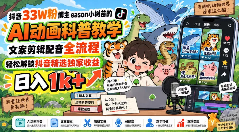 抖音33W粉博主eason小树苗的AI动画科普教学,文案剪辑配音全流程,轻松解锁抖音精选独家收益,日入1k+-Ai资源库