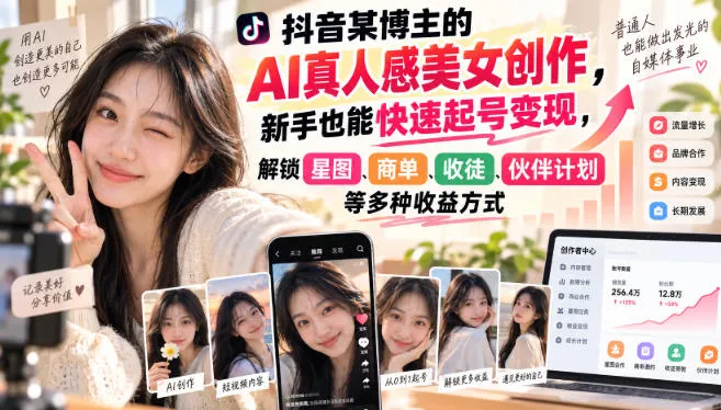 抖音某博主的AI真人感美女创作，新手也能快速起号变现，解锁星图，商单，收徒，伙伴计划等多种收益方式-Ai资源库