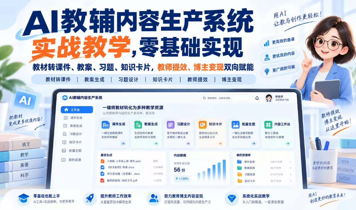 AI教辅内容生产系统实战教学,零基础实现教材转课件、教案、习题、知识卡片,教师提效、博主变现双向赋能 AI教辅内容生产系统实战教学,零基础实现教材转课件、教案、习题、知识卡片,教师提效、博主变现双向赋能