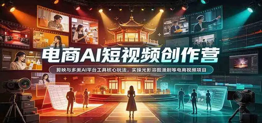 电商AI短视频创作营:剪映与多类AI平台工具核心玩法,实操光影溶图漫剧等电商视频项目-Ai资源库