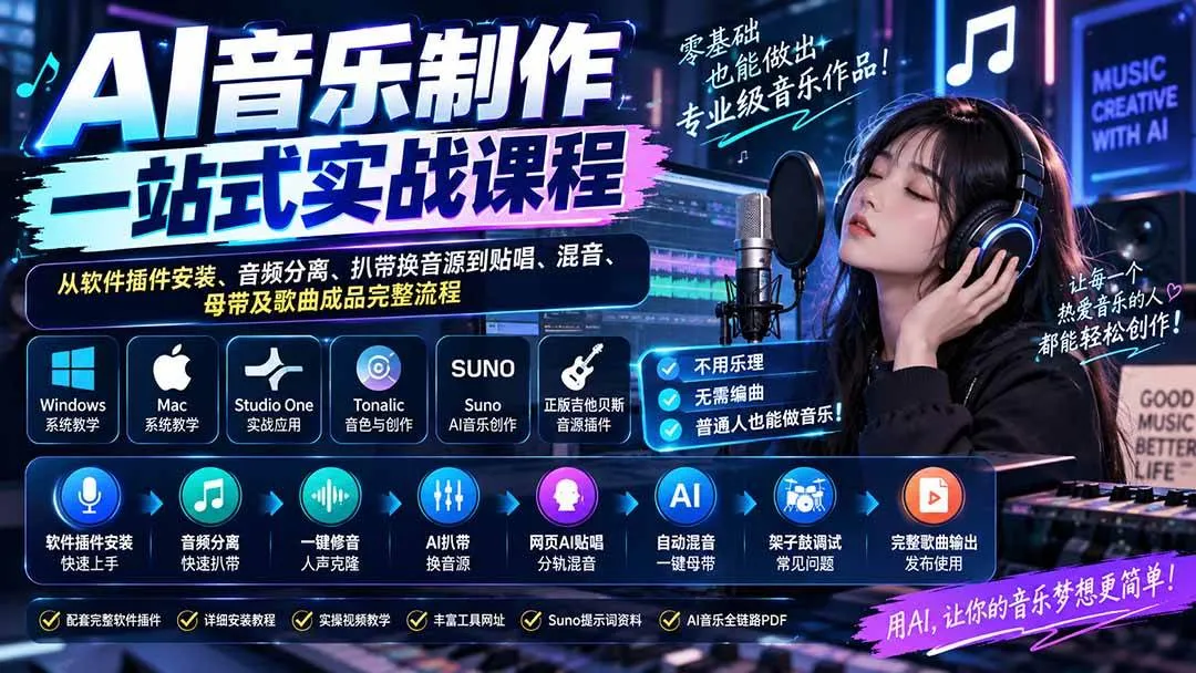 (20490期)AI音乐制作一站式实战课程:从软件插件安装、音频分离、扒带换音源到贴唱、混音、母带及歌曲成品完整流程-Ai资源库
