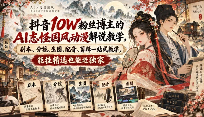 抖音10W粉丝博主满堂诡事的AI志怪国风动漫解说教学,剧本、分镜、生图、配音、剪辑一站式教学,能挂精选也能进独家-Ai资源库