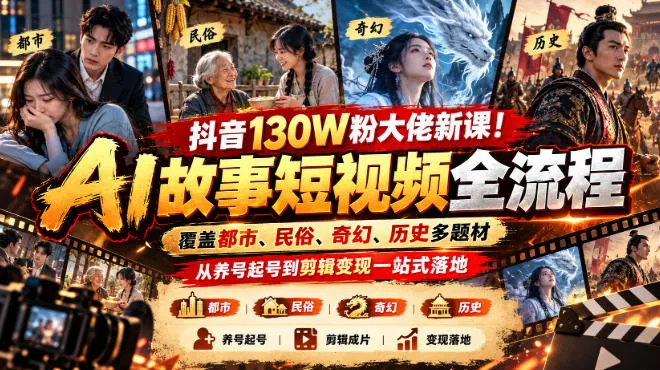 抖音130W粉大佬新课！AI故事短视频全流程，覆盖都市、民俗、奇幻、历史多题材，从养号起号到剪辑变现一站式落地-Ai资源库