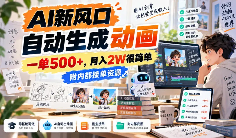 AI新风口，自动生成动画，一单500+，月入2W很简单，附内部接单资源【揭秘】-Ai资源库