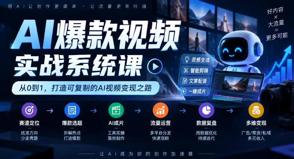 AI爆款视频实战系统课｜赛道定位、爆款选题、AI成片、流量运营、数据复盘、多维变现全链路教学-Ai资源库