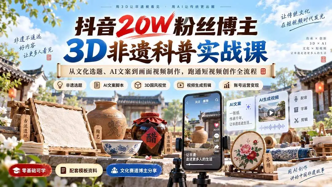 (20356期)抖音20W粉丝博主3D非遗科普实战课:从文化选题、AI文案到画面视频制作,跑通短视频创作全流程-Ai资源库
