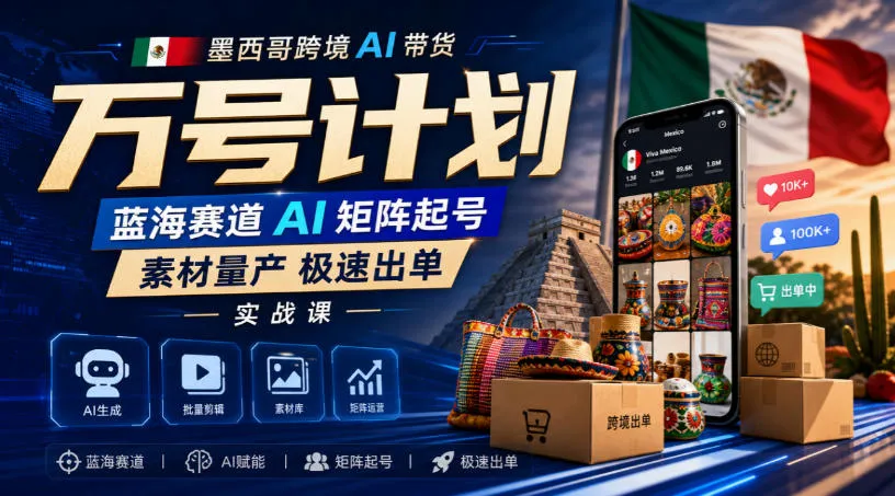 墨西哥跨境AI带货万号计划,蓝海赛道AI矩阵起号,素材量产极速出单实战课-Ai资源库