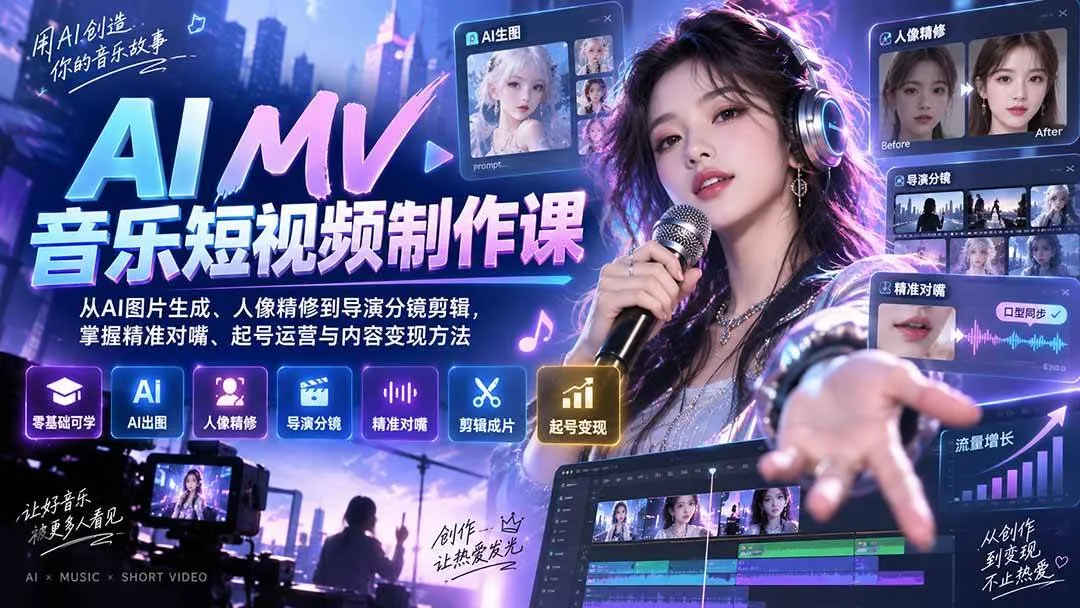 （20364期）AI MV音乐短视频制作课：从AI图片生成、人像精修到导演分镜剪辑，掌握精准对嘴、起号运营与内容变现方法-Ai资源库