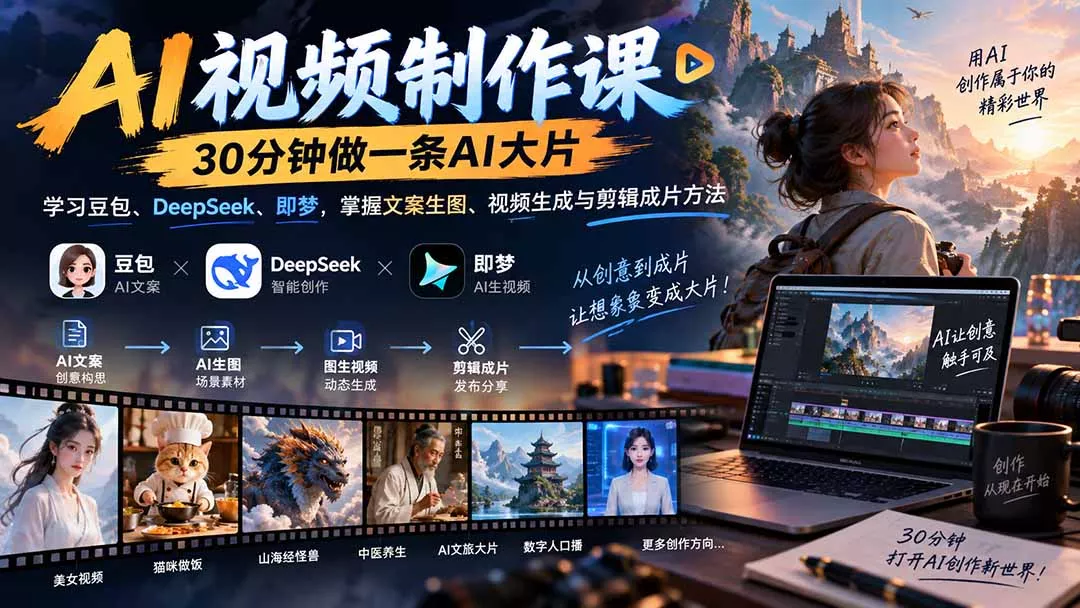 AI视频制作课-30分钟做一条AI大片:学习豆包、DeepSeek、即梦,掌握文案生图、视频生成与剪辑成片方法-Ai资源库