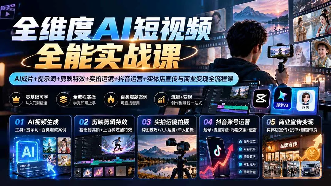 (20768期)【无水印】全维度AI短视频全能实战课:AI成片+提示词+剪映特效+实拍运镜+抖音运营+实体店宣传与商业变现全流程课 (20768期)【无水印】全维度AI短视频全能实战课:AI成片+提示词+剪映特效+实拍运镜+抖音运营+实体店宣传与商业变现全流程课
