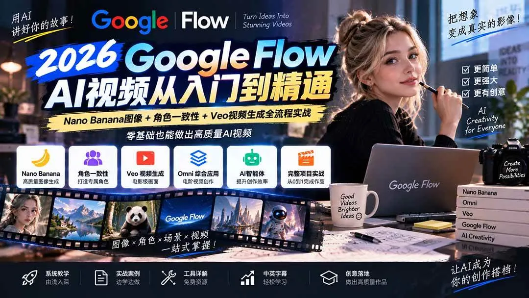 （20608期）【无水印】Google Flow AI视频从入门到精通：Nano Banana图像+角色一致性+Veo视频生成全流程实战-精翻中英字幕-Ai资源库