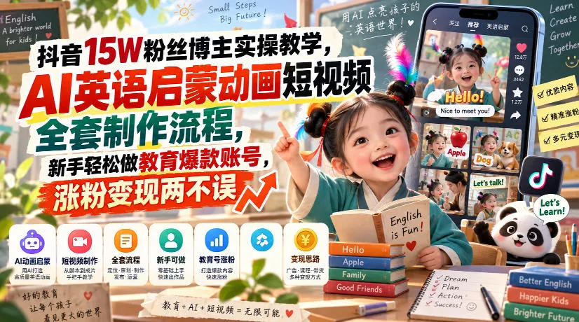 抖音15W粉丝博主实操教学,AI英语启蒙动画短视频全套制作流程,新手轻松做教育爆款账号,涨粉变现两不误-Ai资源库