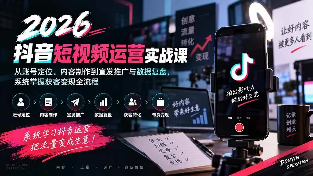 （20406期）2026抖音短视频运营实战课：从账号定位、内容制作到宣发推广与数据复盘，系统掌握获客变现全流程-Ai资源库