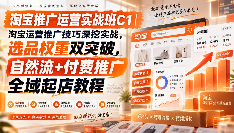 淘宝推广运营实战班C1｜淘宝运营推广技巧深挖实战，选品权重双突破，自然流+付费推广全域起店教程-Ai资源库