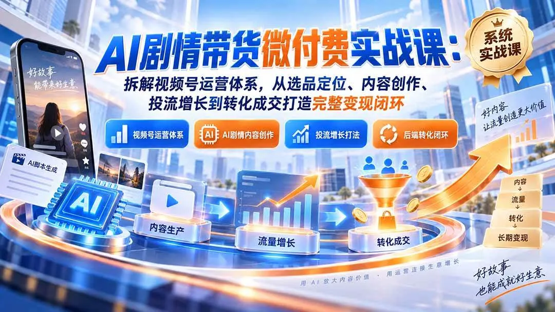 （20611期）AI剧情带货微付费实战课：拆解视频号运营体系，从选品定位、内容创作、投流增长到转化成交打造完整变现闭环-Ai资源库