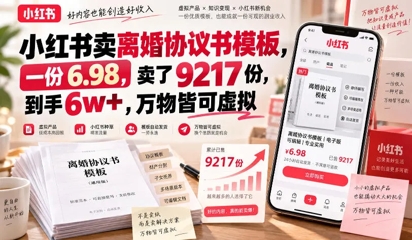 小红书卖离婚协议书模板，一份6.98，卖了9217份，到手6w+，万物皆可虚拟-Ai资源库