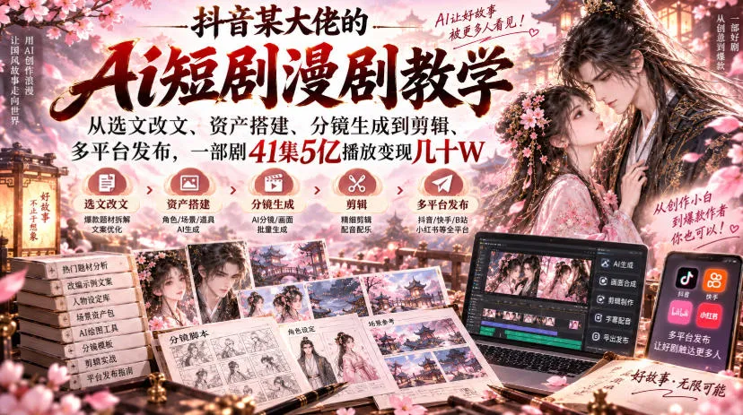 抖音某大佬的Ai短剧漫剧教学，从选文改文、资产搭建、分镜生成到剪辑、多平台发布，一部剧41集5亿播放变现几十W-Ai资源库