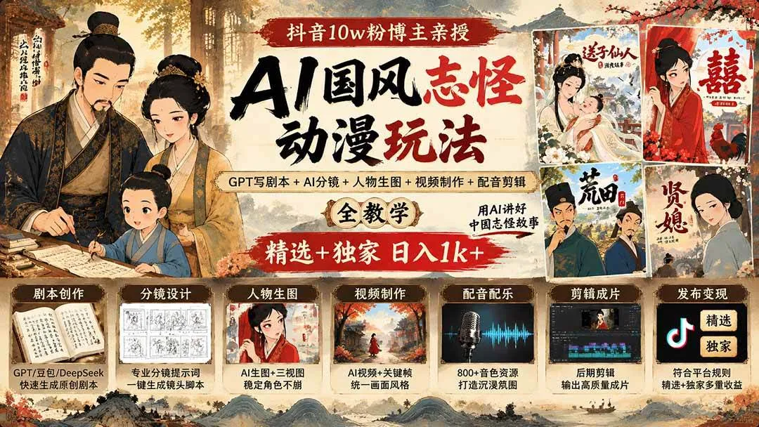 (20538期)抖音10w粉博主亲授AI国风志怪动漫玩法|GPT写剧本+AI分镜+人物生图+视频制作+配音剪辑全教学|精选+独家日入1k+-Ai资源库