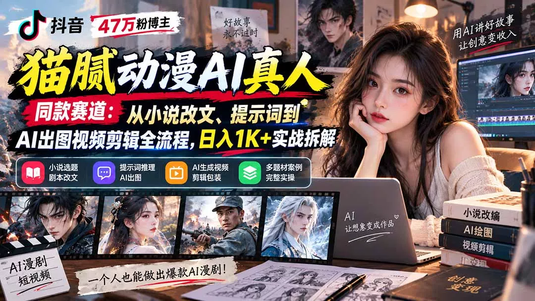 抖音47万粉博主猫腻动漫AI真人同款赛道：从小说改文、提示词到AI出图视频剪辑全流程，日入1K+实战拆解-Ai资源库