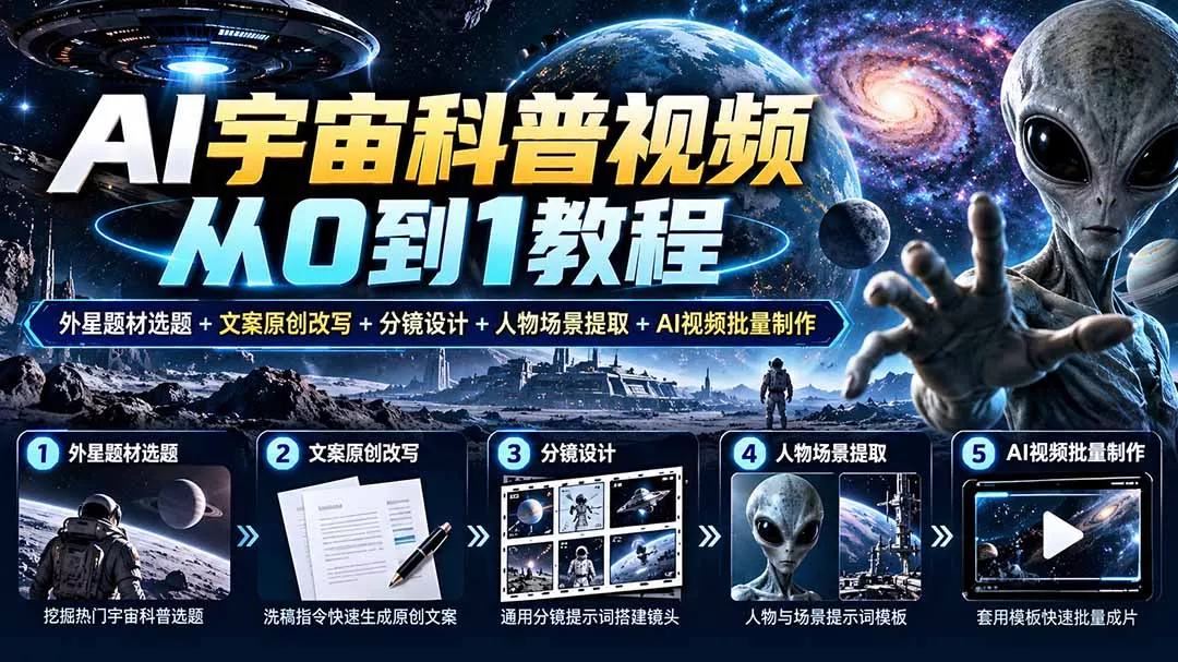AI宇宙科普视频从0到1教程｜外星题材选题+文案原创改写+分镜设计+人物场景提取+AI视频批量制作