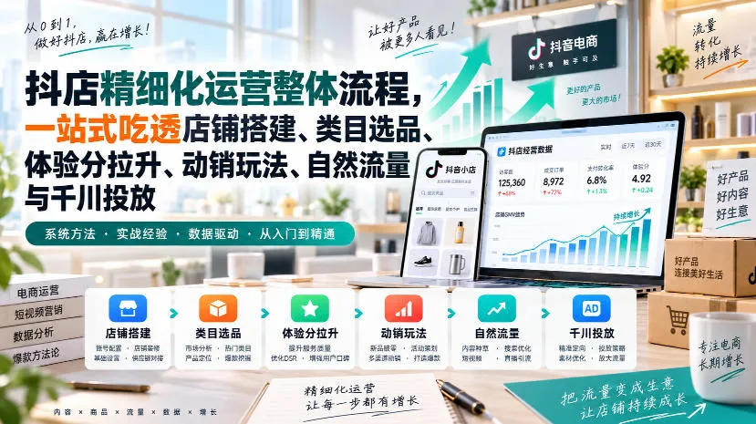 李哥电商-抖店精细化运营整体流程，一站式吃透店铺搭建、类目选品、体验分拉升、动销玩法、自然流量与千川投放-Ai资源库