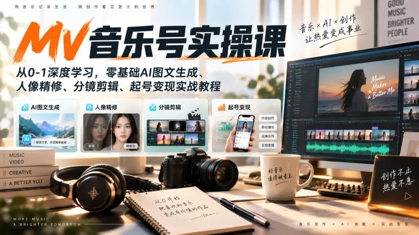 AI MV音乐号实操课,从0-1深度学习,零基础AI图文生成、人像精修、分镜剪辑、起号变现实战教程-Ai资源库