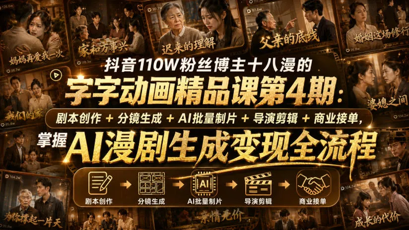 抖音110W粉丝博主十八漫的字字动画精品课第4期：剧本创作+分镜生成+剪辑+商业接单，掌握AI漫剧生成变现全流程（更新0916）-Ai资源库