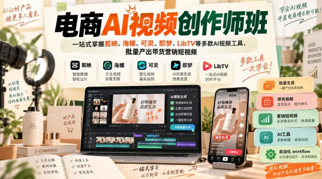 电商AI视频创作师班，一站式掌握剪映、海螺、可灵、即梦、LibTV等多款AI视频工具，批量产出带货营销短视频-Ai资源库
