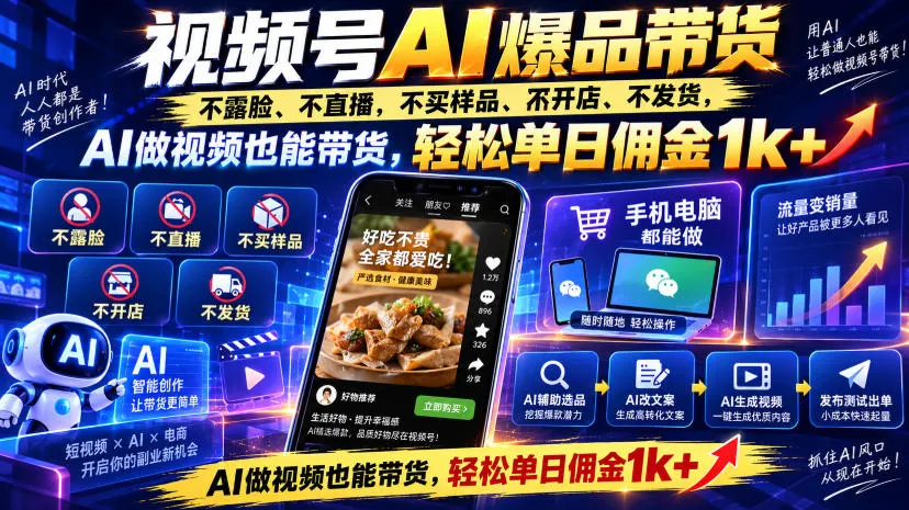 视频号Ai爆品带货,不露脸、不直播、不买样品、不开店、不发货,AI做视频也能带货,轻松单日佣金1k+-Ai资源库