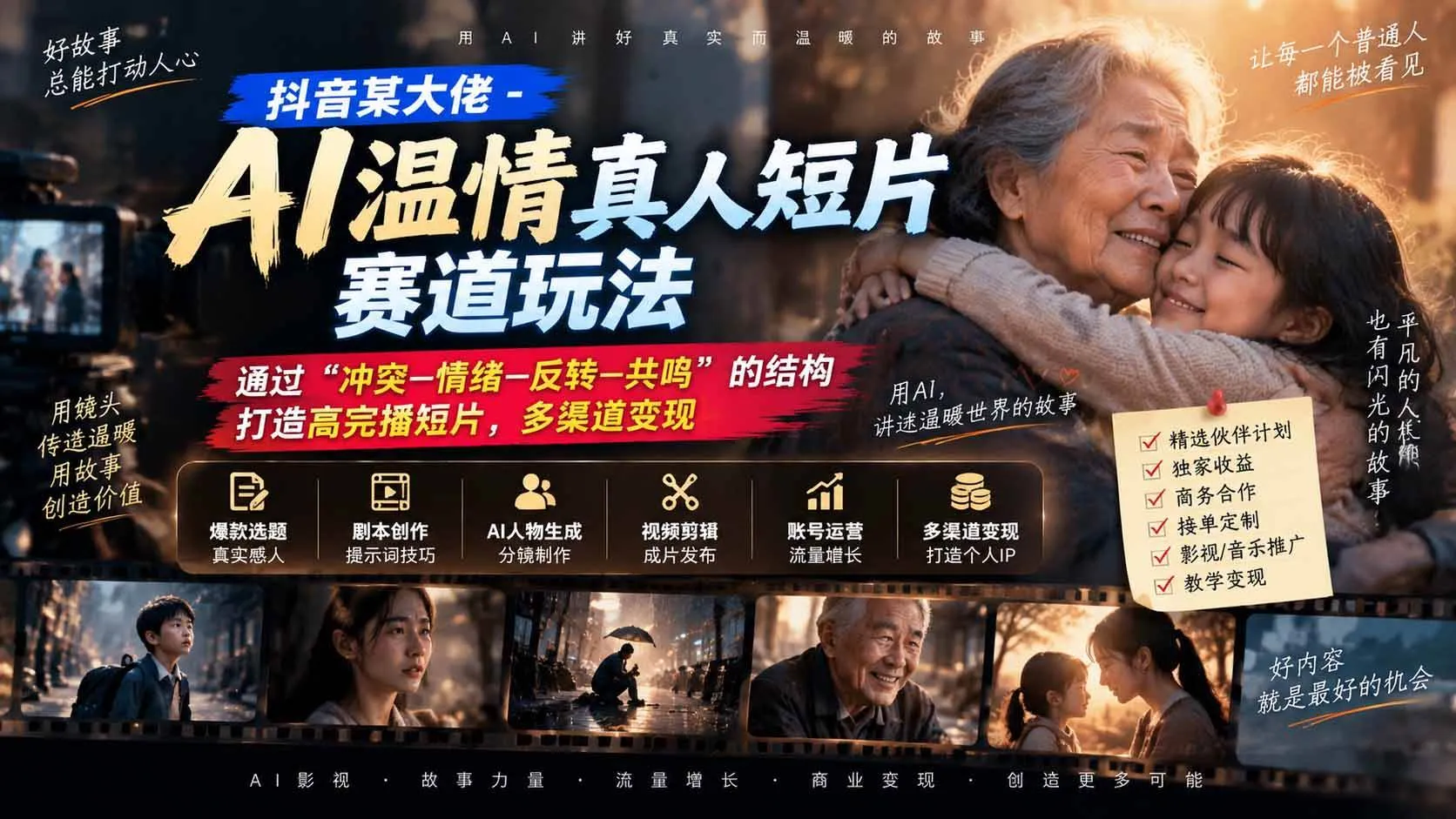 （20538期）抖音某大佬-AI温情真人短片赛道玩法：通过“冲突—情绪—反转—共鸣”的结构打造高完播短片，多渠道变现-Ai资源库