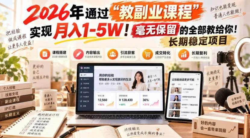 (20468期)2026年通过“教副业课程”实现月入1-5W!毫无保留的全部教给你!长期稳定项目-Ai资源库