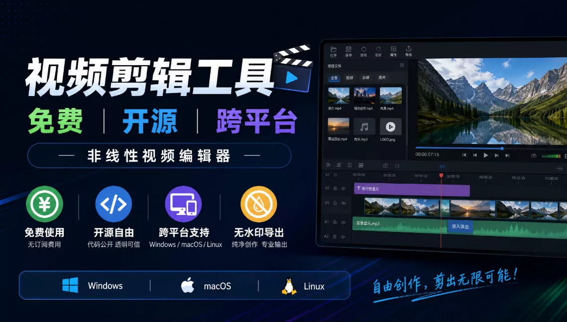 视频剪辑工具，免费、开源、跨平台，非线性视频编辑器，支持Windows、macOS、Linux，无水印、无订阅费用-Ai资源库