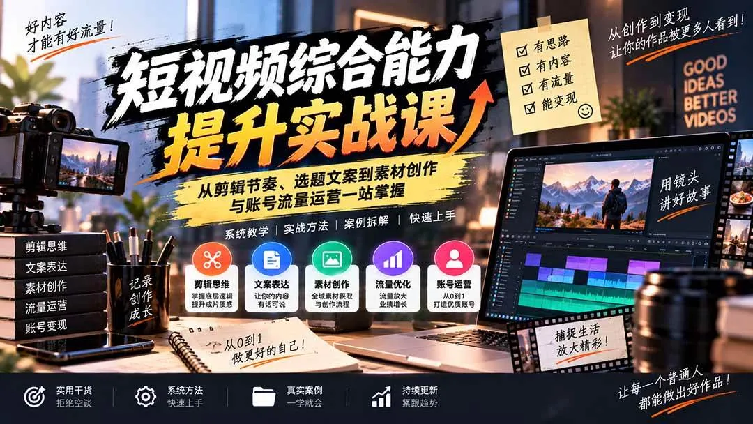 （20599期）短视频综合能力提升实战课：从剪辑节奏、选题文案到素材创作与账号流量运营一站掌握-Ai资源库