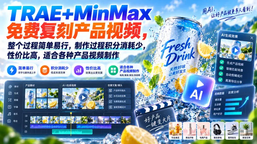 TRAE+MinMax免费复刻产品视频，整个过程简单易行，制作过程积分消耗少，性价比高，适合各种产品视频制作-Ai资源库