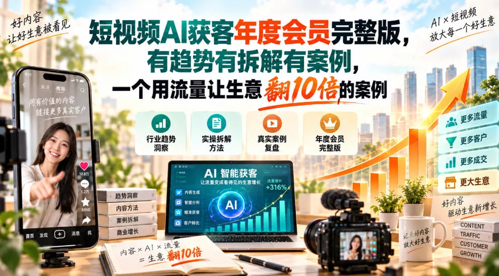 短视频AI获客年度会员完整版，有趋势有拆解有案例，一个用流量让生意翻10倍的案例-Ai资源库