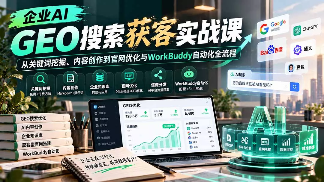 企业AI GEO搜索获客实战课：从关键词挖掘、内容创作到官网优化与WorkBuddy自动化全流程-Ai资源库