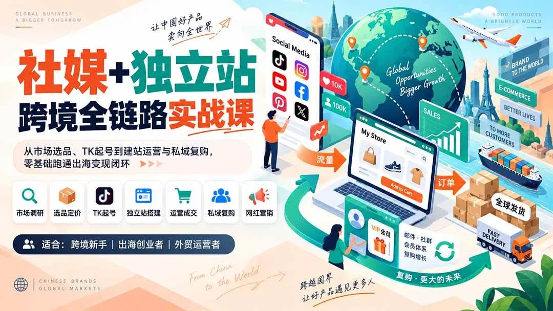 （20361期）社媒+独立站跨境全链路实战课：从市场选品、TK起号到建站运营与私域复购，零基础跑通出海变现闭环-Ai资源库