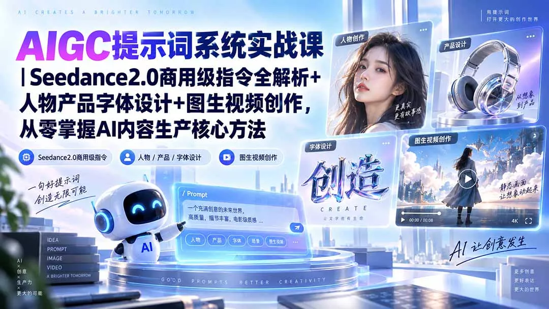 AIGC提示词系统实战课-无水印｜Seedance2.0商用级指令全解析+人物产品字体设计+图生视频创作，掌握AI内容生产方法-Ai资源库