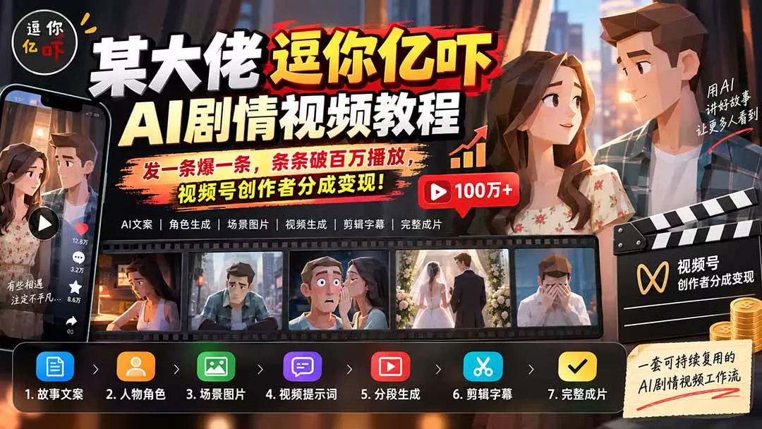 某大佬逗你亿吓AI低模剧情视频制作教程：发一条爆一条，条条破百万播放，利用视频号创作者分成变现!-Ai资源库