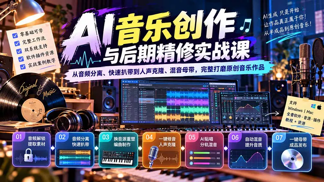 AI音乐创作与后期精修实战课：从音频分离、快速扒带到人声克隆、混音母带，完整打磨原创音乐作品-Ai资源库