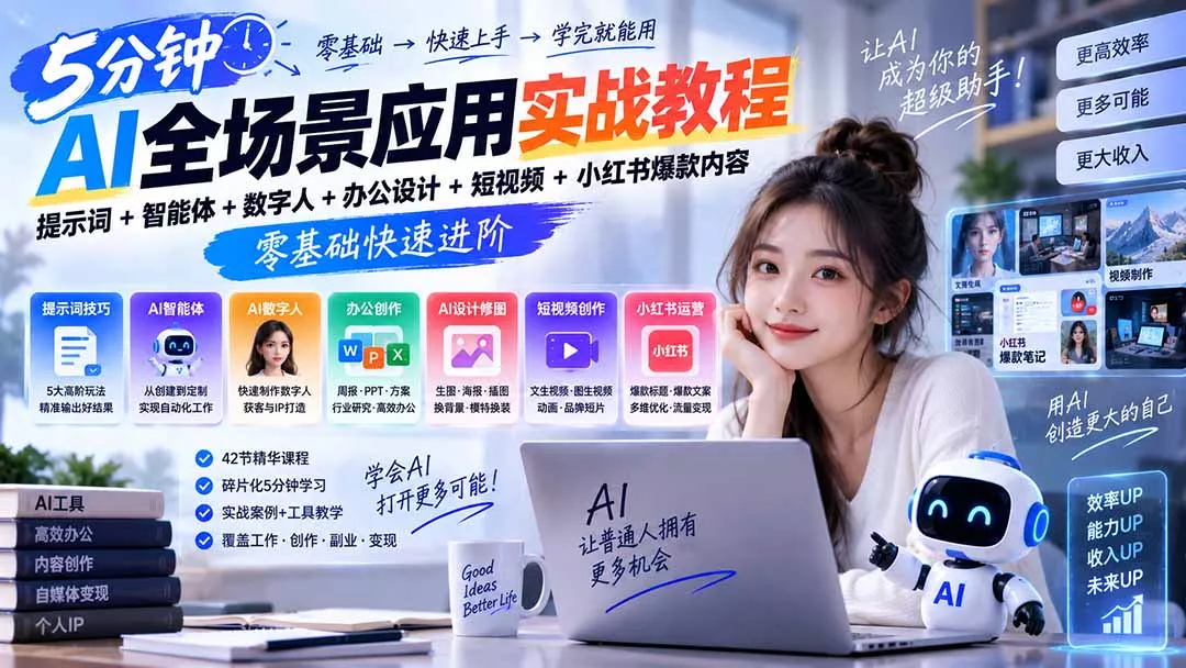 AI全场景应用实战教程｜提示词+智能体+数字人+办公设计+短视频+小红书爆款内容，零基础快速进阶-Ai资源库