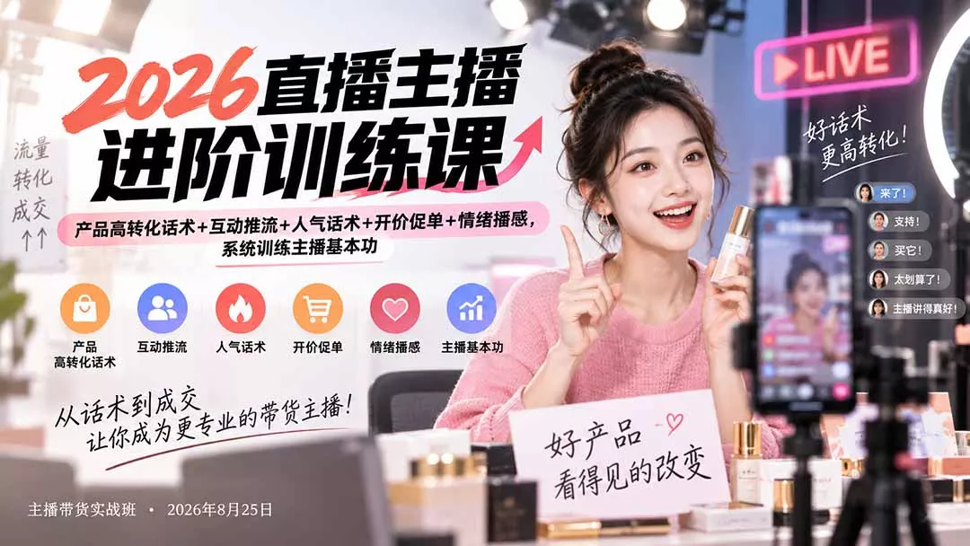 2026直播主播进阶训练课：产品高转化话术+互动推流+人气话术+开价促单+情绪播感，系统训练主播基本功-Ai资源库
