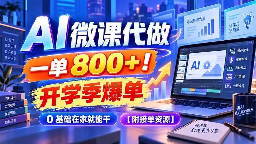 （20605期）AI 微课代做，一单 800+！开学季爆单，0 基础在家就能干【附接单资源】-Ai资源库