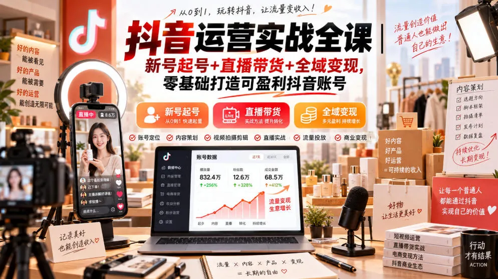 抖音运营实战全课｜新号起号+直播带货+全域变现，零基础打造可盈利抖音账号-Ai资源库