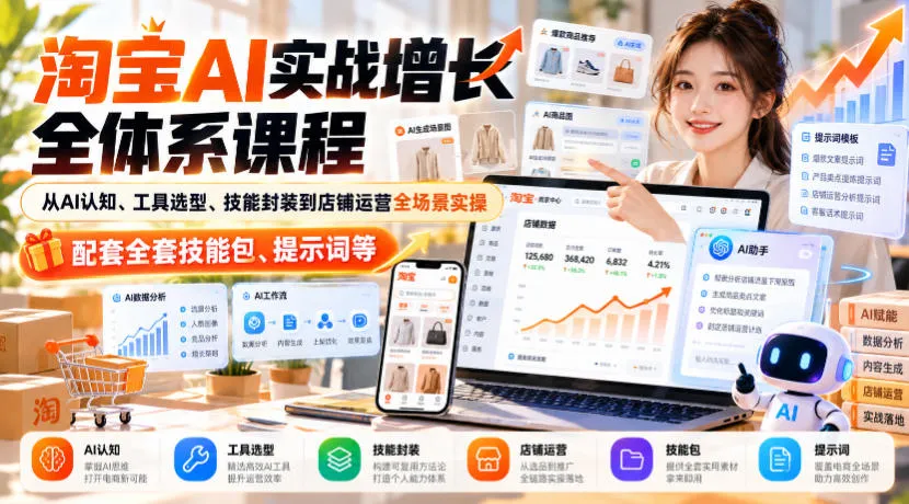 淘宝AI实战增长全体系课程，从AI认知、工具选型、技能封装到店铺运营全场景实操，配套全套技能包、提示词等-Ai资源库