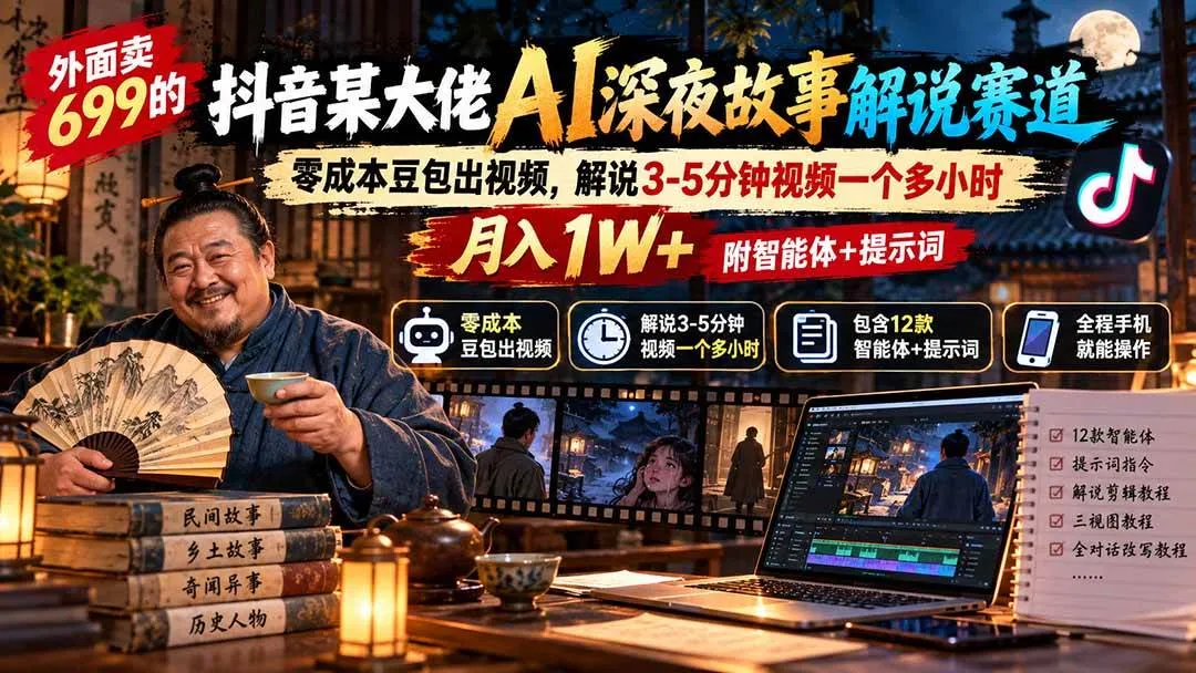 （20853期）外面卖699抖音某大佬AI深夜故事解说赛道-更新：0成本豆包出视频+解说3-5分钟视频一个多小时，月入1W+附智能体+提示词-Ai资源库
