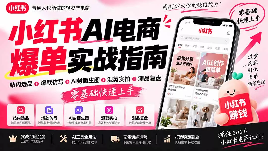 2026小红书AI电商爆单实战指南:站内选品+爆款仿写+AI封面生图+混剪实拍+测品复盘,零基础快速上手 2026小红书AI电商爆单实战指南:站内选品+爆款仿写+AI封面生图+混剪实拍+测品复盘,零基础快速上手